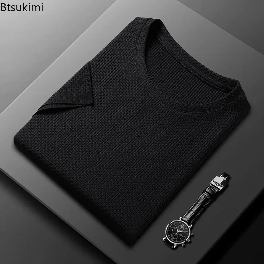 2025 Men's Jacquard Solid Short Sleeve T-shirt Business Casual O-neck Tops Men Summer Cool Ice Silk Simple Basic Thin Style Tees