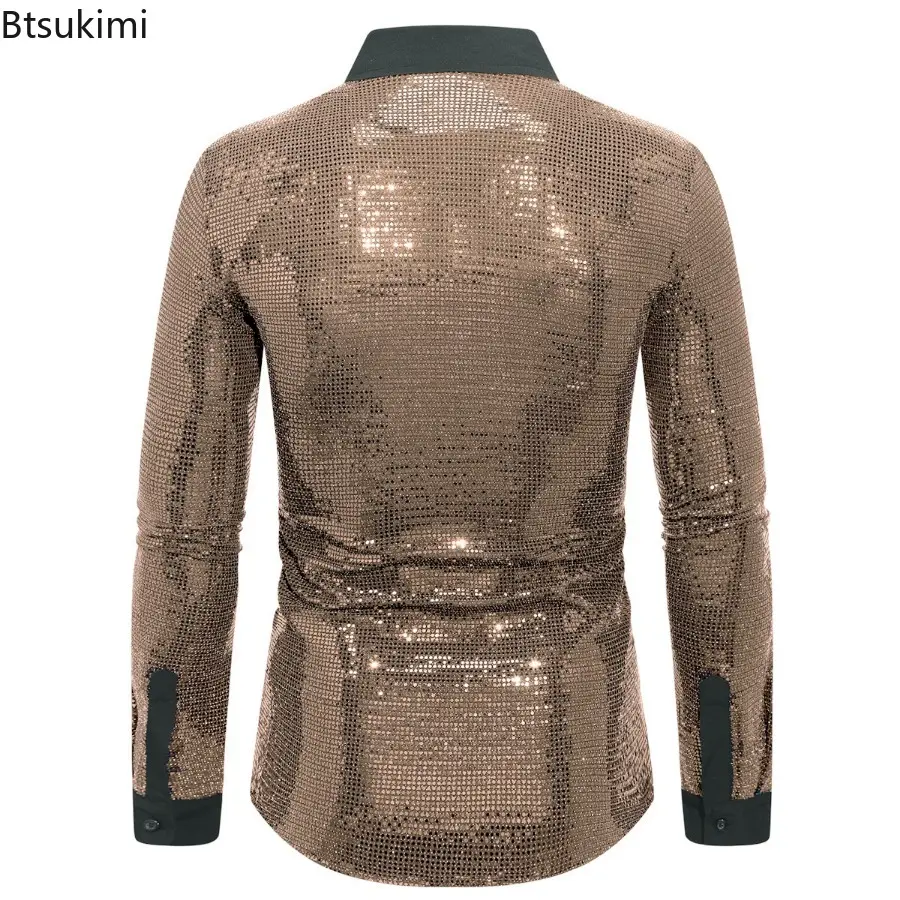 New 2025 Men's Sequins Sparkling Shirt Trend Vintage 70s Disco Nightclub Clothes Hip Hop Singer Dance Stage Show Men Clothing