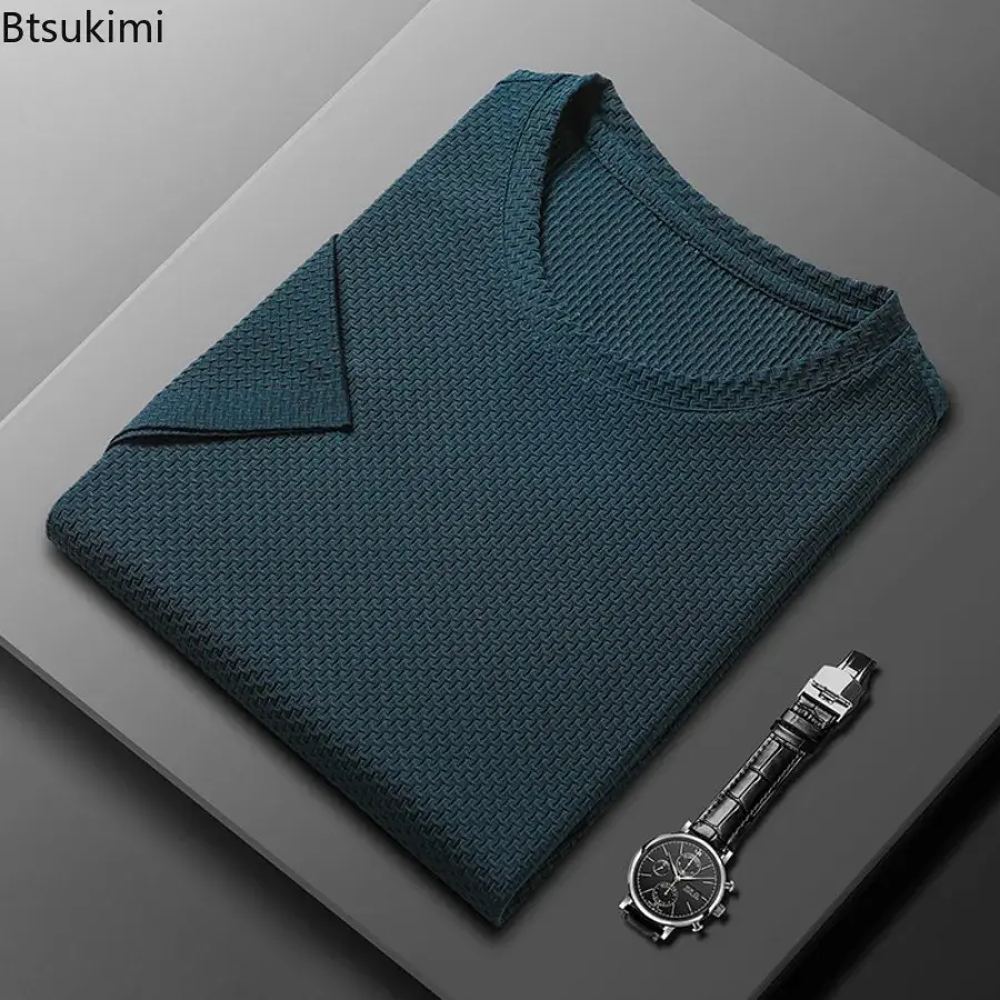 2025 Men's Jacquard Solid Short Sleeve T-shirt Business Casual O-neck Tops Men Summer Cool Ice Silk Simple Basic Thin Style Tees