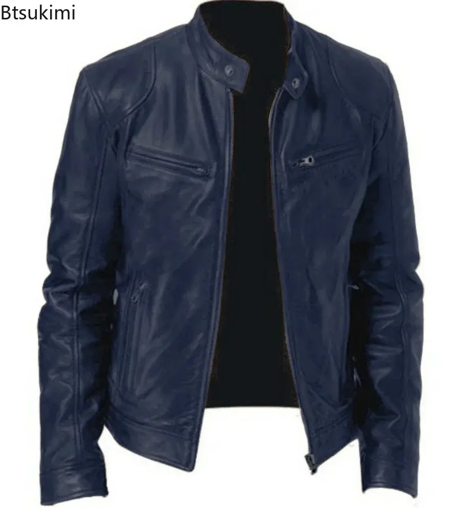 2025Men's Stand Collor PU Leather Jacket Autumn Winter Anti-wind Warm Leather Diagonal Zipper Design Handsome Motorcycle Jackets