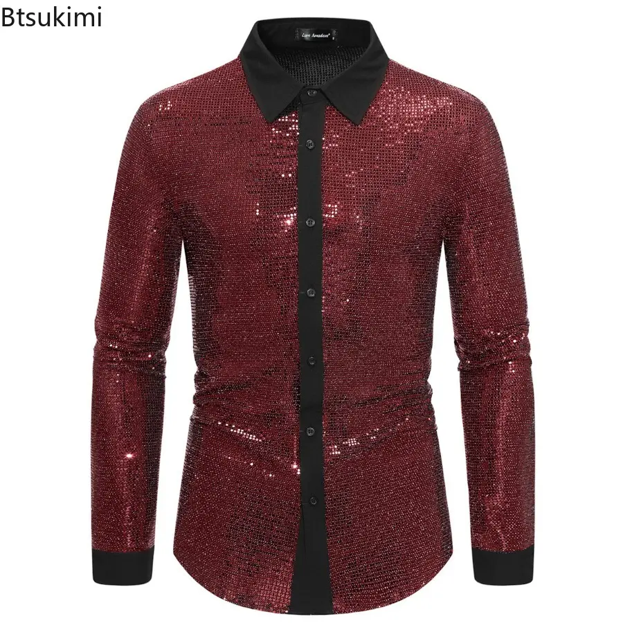 New 2025 Men's Sequins Sparkling Shirt Trend Vintage 70s Disco Nightclub Clothes Hip Hop Singer Dance Stage Show Men Clothing