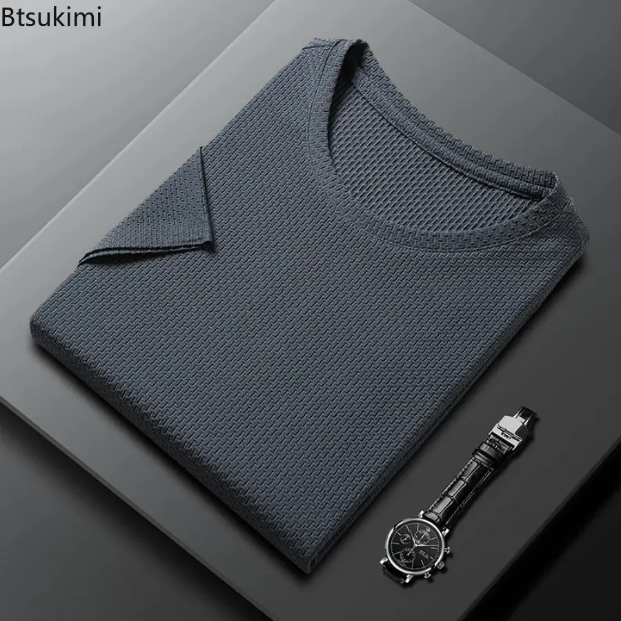 2025 Men's Jacquard Solid Short Sleeve T-shirt Business Casual O-neck Tops Men Summer Cool Ice Silk Simple Basic Thin Style Tees