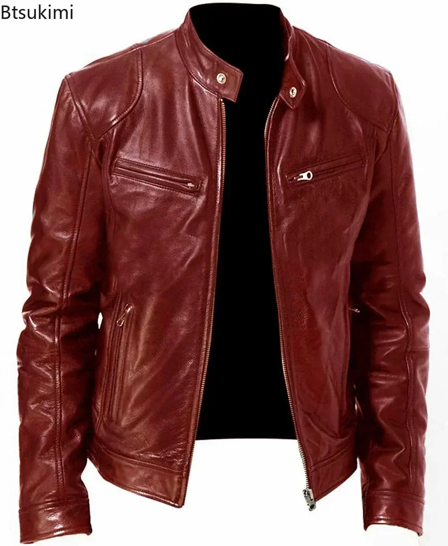 2025Men's Stand Collor PU Leather Jacket Autumn Winter Anti-wind Warm Leather Diagonal Zipper Design Handsome Motorcycle Jackets