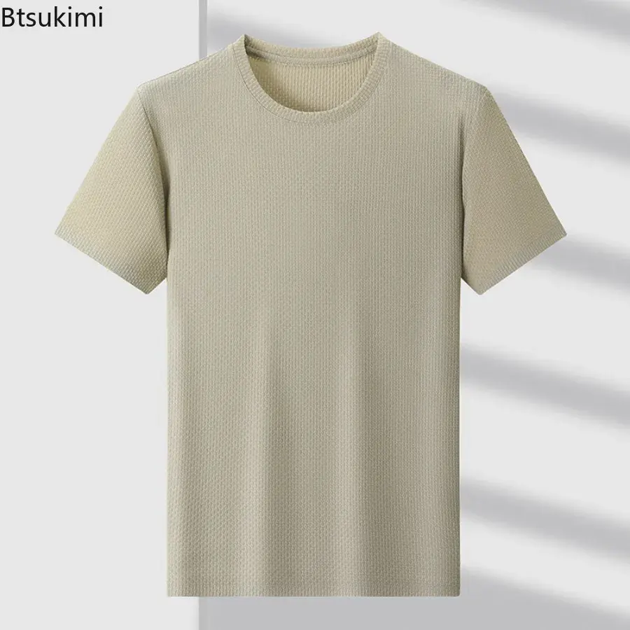 2025 Men's Jacquard Solid Short Sleeve T-shirt Business Casual O-neck Tops Men Summer Cool Ice Silk Simple Basic Thin Style Tees