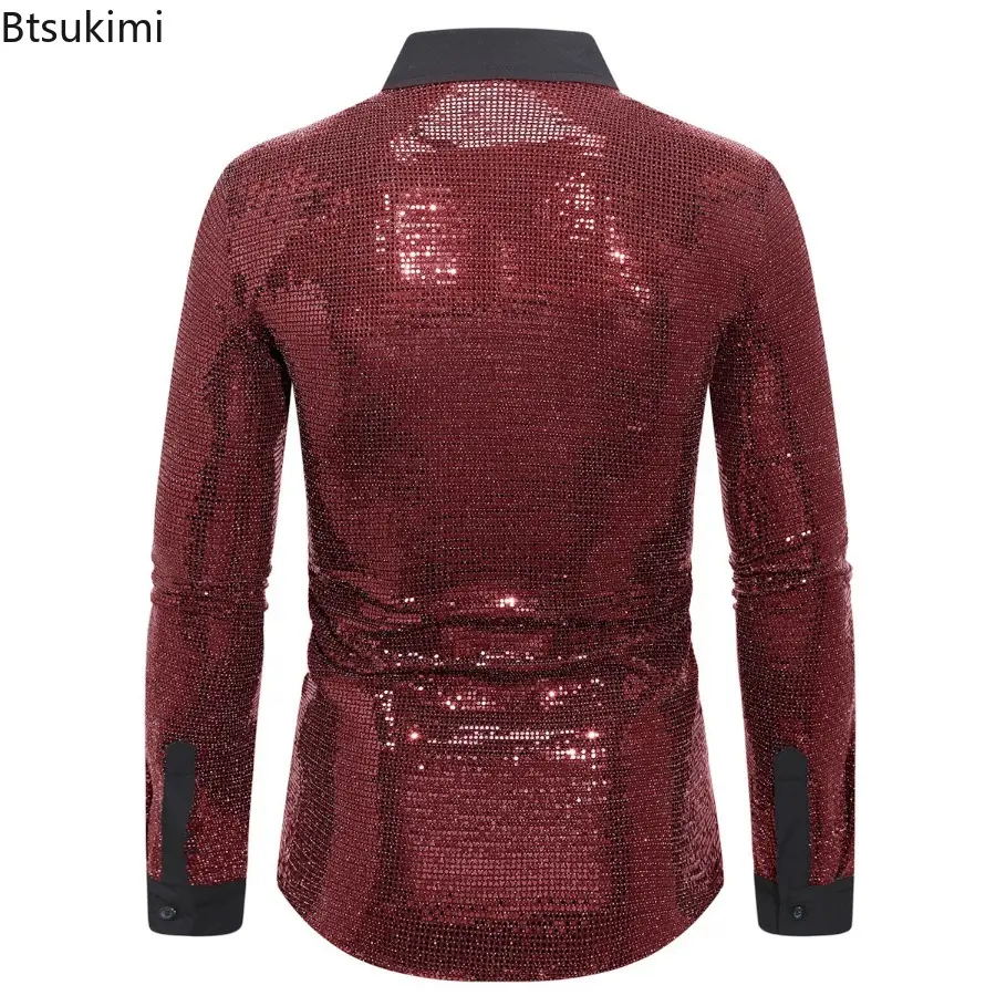 New 2025 Men's Sequins Sparkling Shirt Trend Vintage 70s Disco Nightclub Clothes Hip Hop Singer Dance Stage Show Men Clothing