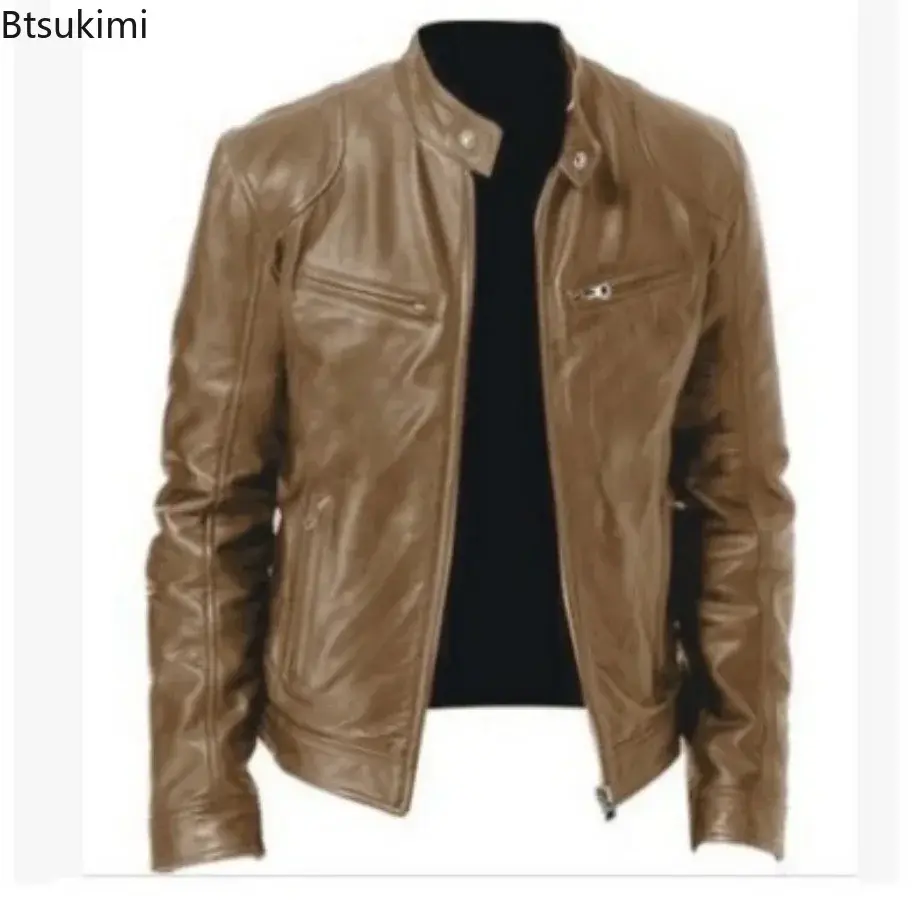 2025Men's Stand Collor PU Leather Jacket Autumn Winter Anti-wind Warm Leather Diagonal Zipper Design Handsome Motorcycle Jackets