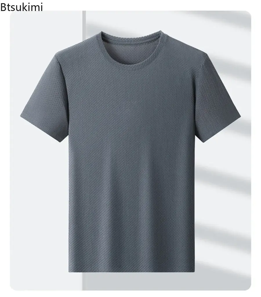 2025 Men's Jacquard Solid Short Sleeve T-shirt Business Casual O-neck Tops Men Summer Cool Ice Silk Simple Basic Thin Style Tees