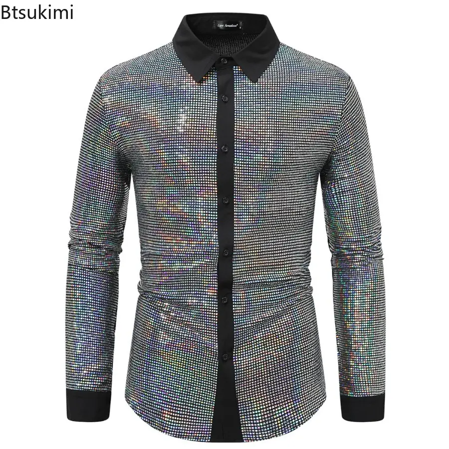 New 2025 Men's Sequins Sparkling Shirt Trend Vintage 70s Disco Nightclub Clothes Hip Hop Singer Dance Stage Show Men Clothing