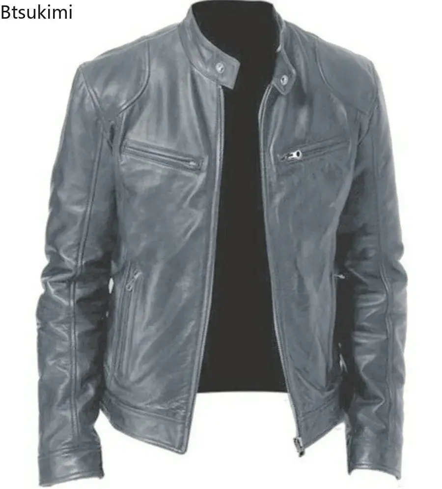 2025Men's Stand Collor PU Leather Jacket Autumn Winter Anti-wind Warm Leather Diagonal Zipper Design Handsome Motorcycle Jackets