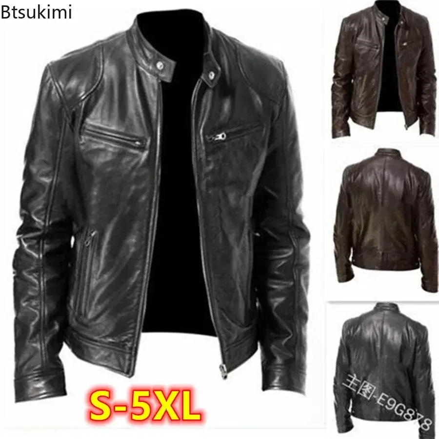2025Men's Stand Collor PU Leather Jacket Autumn Winter Anti-wind Warm Leather Diagonal Zipper Design Handsome Motorcycle Jackets