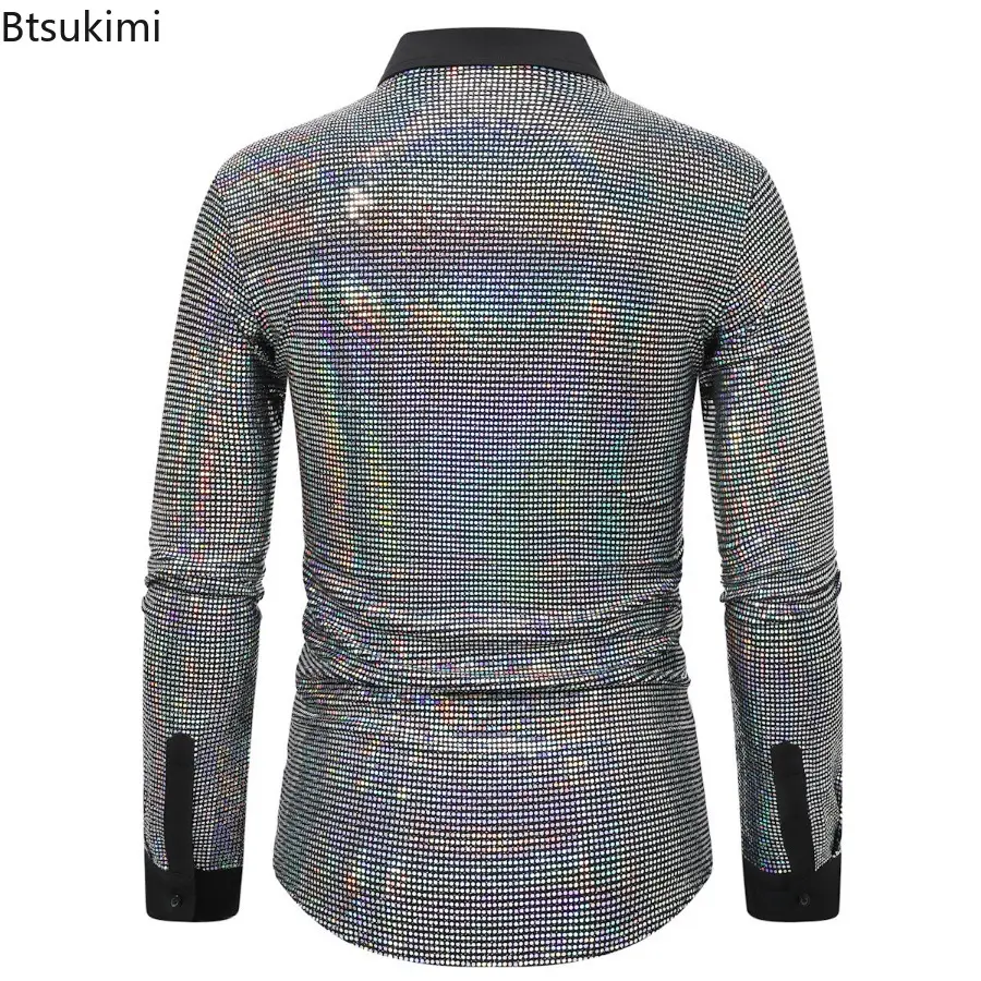 New 2025 Men's Sequins Sparkling Shirt Trend Vintage 70s Disco Nightclub Clothes Hip Hop Singer Dance Stage Show Men Clothing