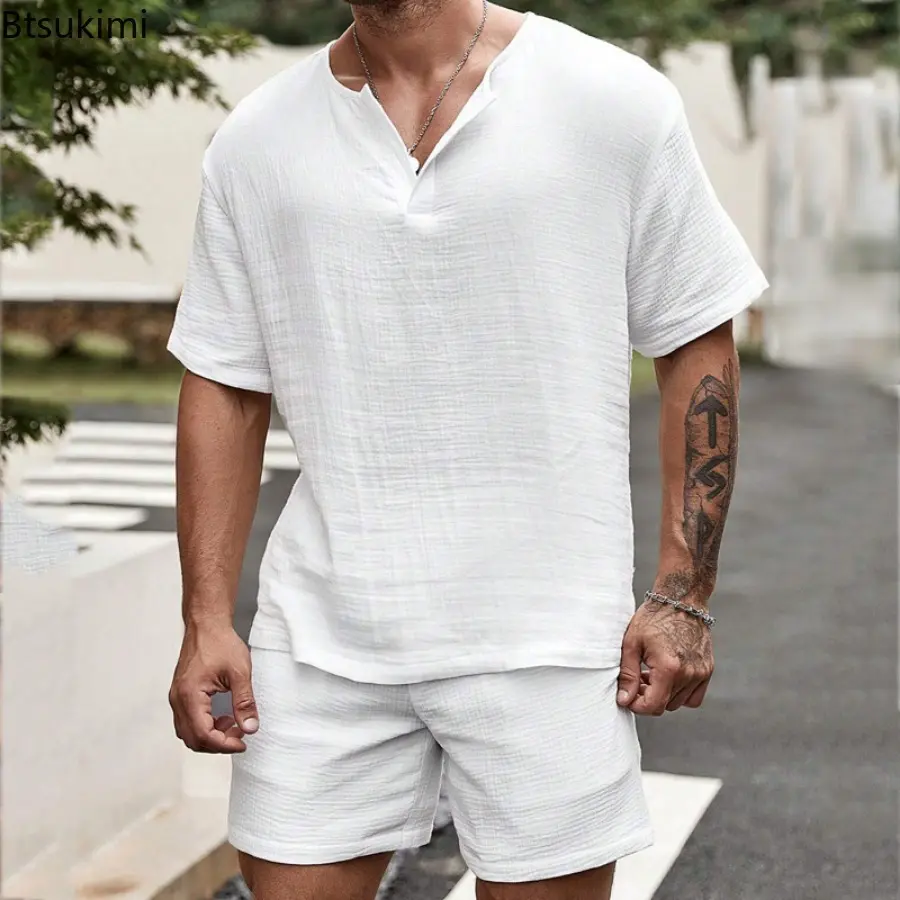 Summer Fashion Loose Casual Two Piece Sets Men's Solid Short-sleeve V-neck Tops and Shorts Sport Outfit Men Streetwear Tracksuit