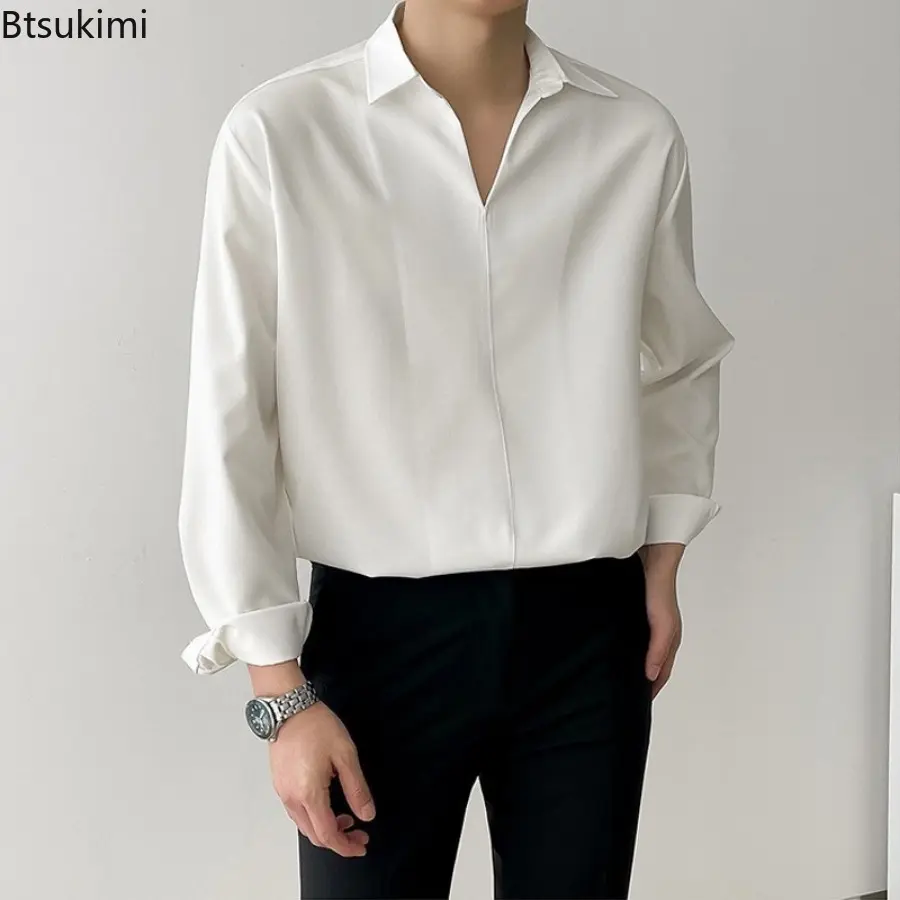 2025 Men Clothing Fashion Luxury Solid Color Texture Shirts Men's Vintage Long Sleeve V-neck Pullovers Premium Casual Men Blouse
