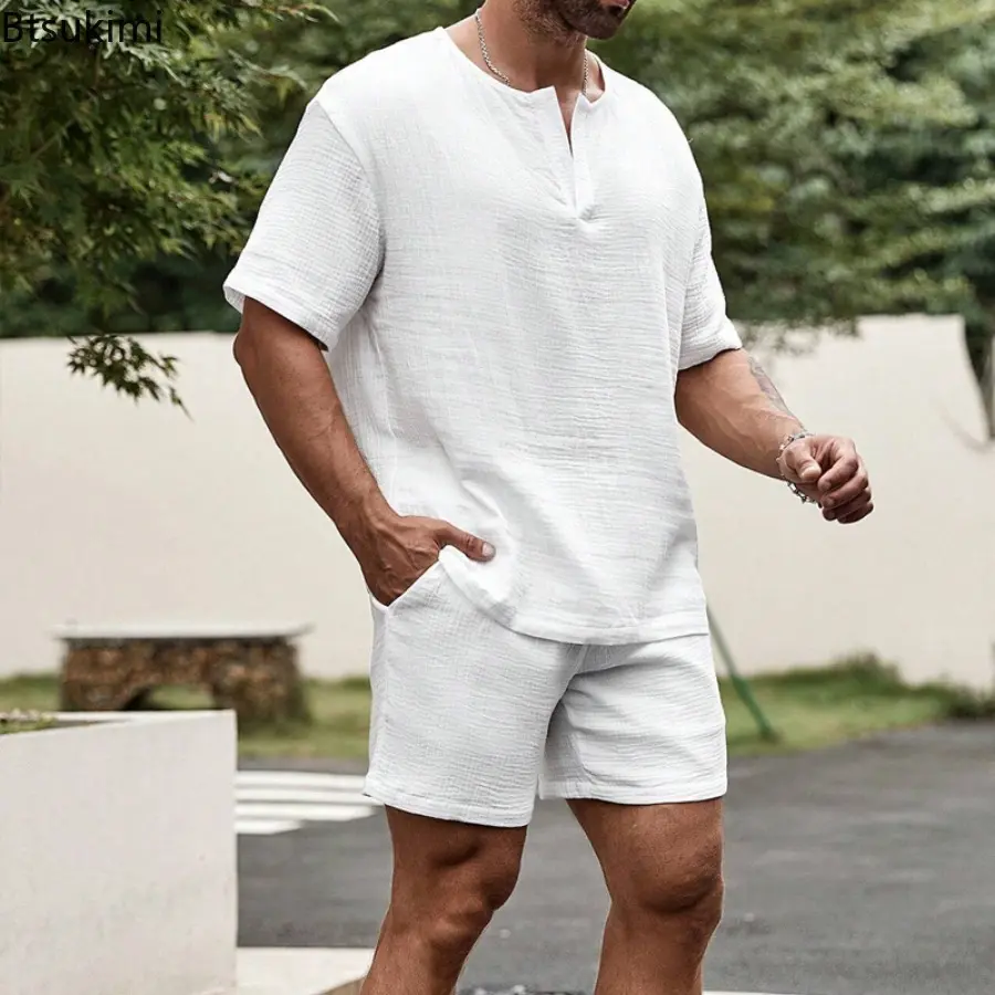 Summer Fashion Loose Casual Two Piece Sets Men's Solid Short-sleeve V-neck Tops and Shorts Sport Outfit Men Streetwear Tracksuit