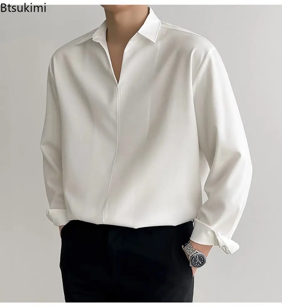 2025 Men Clothing Fashion Luxury Solid Color Texture Shirts Men's Vintage Long Sleeve V-neck Pullovers Premium Casual Men Blouse