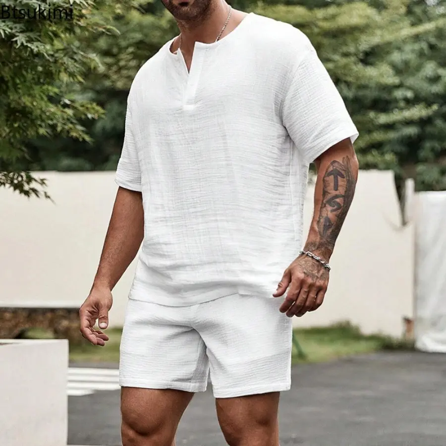 Summer Fashion Loose Casual Two Piece Sets Men's Solid Short-sleeve V-neck Tops and Shorts Sport Outfit Men Streetwear Tracksuit