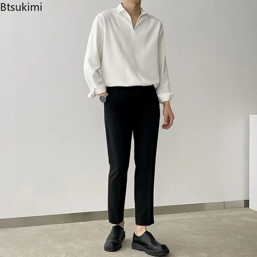 2025 Men Clothing Fashion Luxury Solid Color Texture Shirts Men's Vintage Long Sleeve V-neck Pullovers Premium Casual Men Blouse