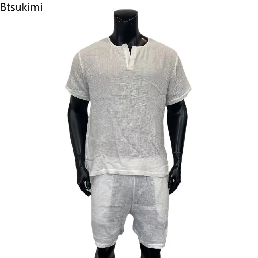 Summer Fashion Loose Casual Two Piece Sets Men's Solid Short-sleeve V-neck Tops and Shorts Sport Outfit Men Streetwear Tracksuit