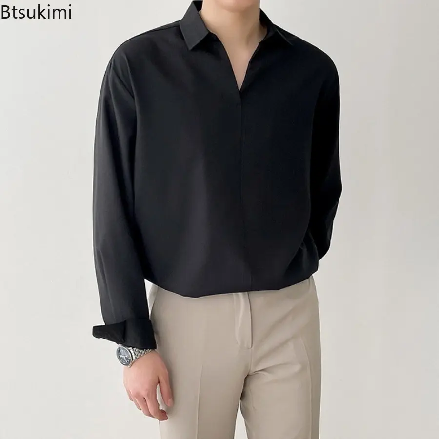 2025 Men Clothing Fashion Luxury Solid Color Texture Shirts Men's Vintage Long Sleeve V-neck Pullovers Premium Casual Men Blouse