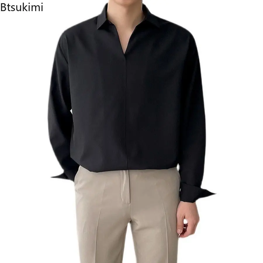 2025 Men Clothing Fashion Luxury Solid Color Texture Shirts Men's Vintage Long Sleeve V-neck Pullovers Premium Casual Men Blouse