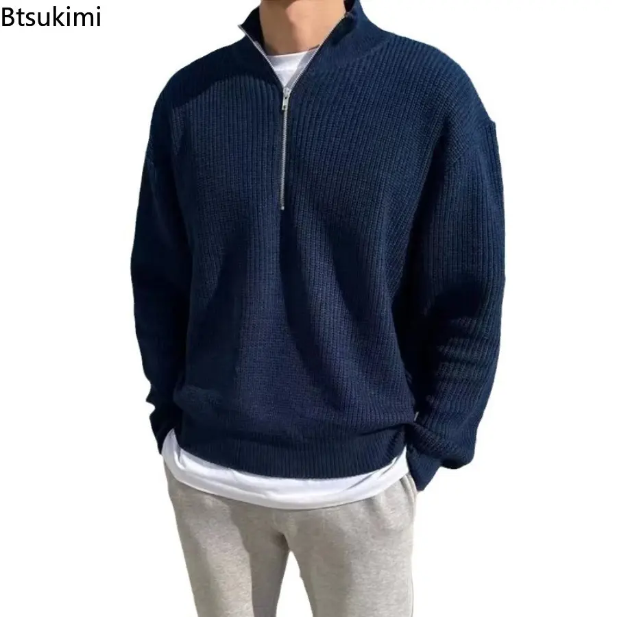 2025 Spring and Autumn Loose Fashion Korean Style Stand Collar Half Zipper Sweater Men's Temperament Versatile Knitted Sweater