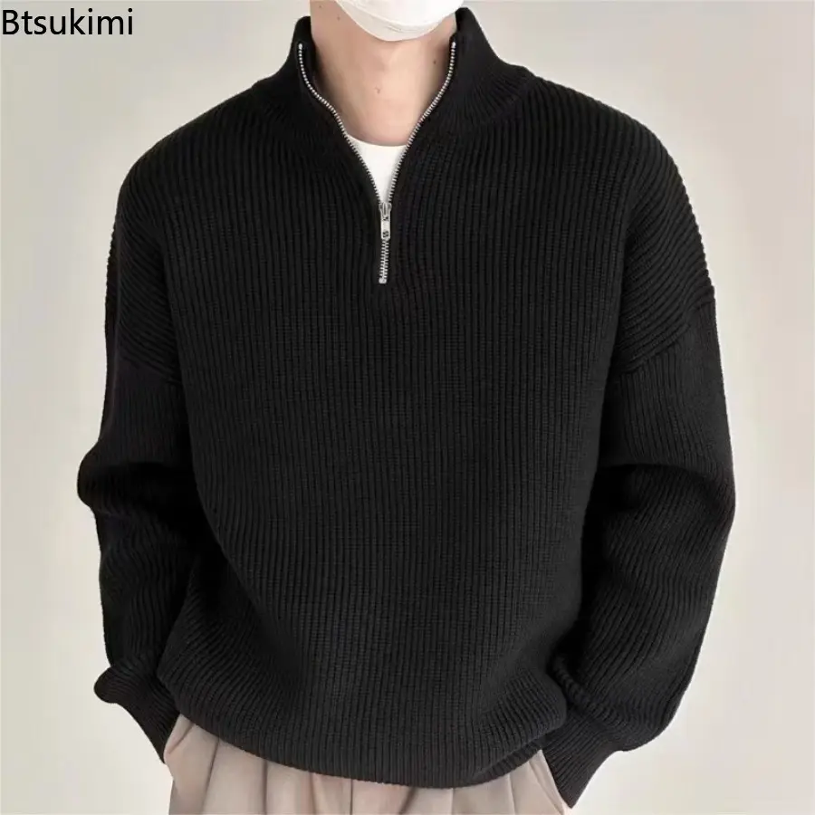 2025 Spring and Autumn Loose Fashion Korean Style Stand Collar Half Zipper Sweater Men's Temperament Versatile Knitted Sweater