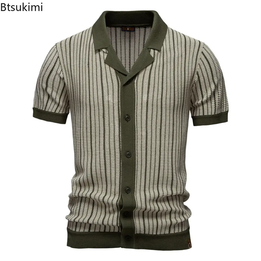 Summer New Knitted Short-sleeved POLO Shirt Men Striped Single-breasted Tops Fashionable Business Casual Male Shirts Clothing
