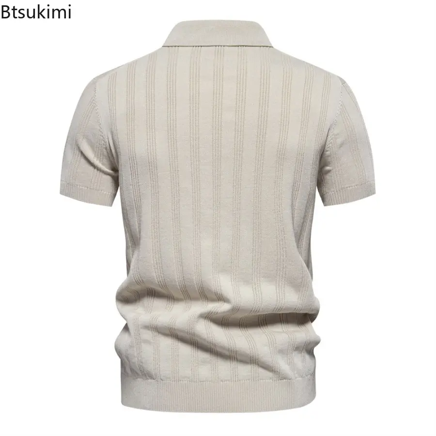 2025 New Men's Striped Knitted Polo Shirts Summer Breathable Short-sleeved Lapel Tops Men Business Casual Shirt Sweater T-shirts
