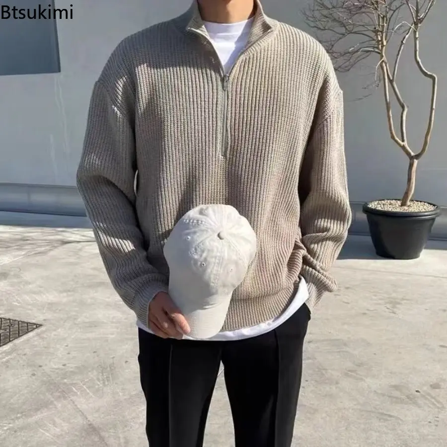 2025 Spring and Autumn Loose Fashion Korean Style Stand Collar Half Zipper Sweater Men's Temperament Versatile Knitted Sweater