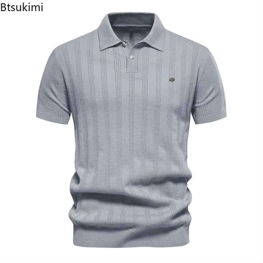 2025 New Men's Striped Knitted Polo Shirts Summer Breathable Short-sleeved Lapel Tops Men Business Casual Shirt Sweater T-shirts
