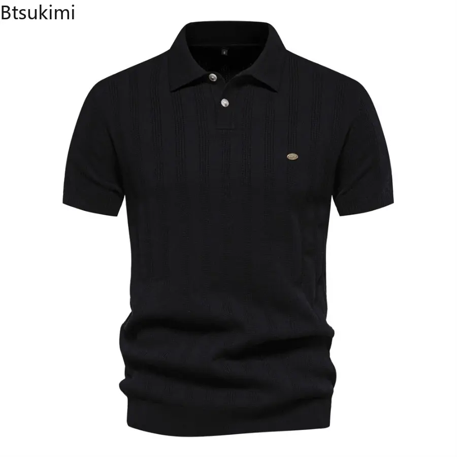 2025 New Men's Striped Knitted Polo Shirts Summer Breathable Short-sleeved Lapel Tops Men Business Casual Shirt Sweater T-shirts