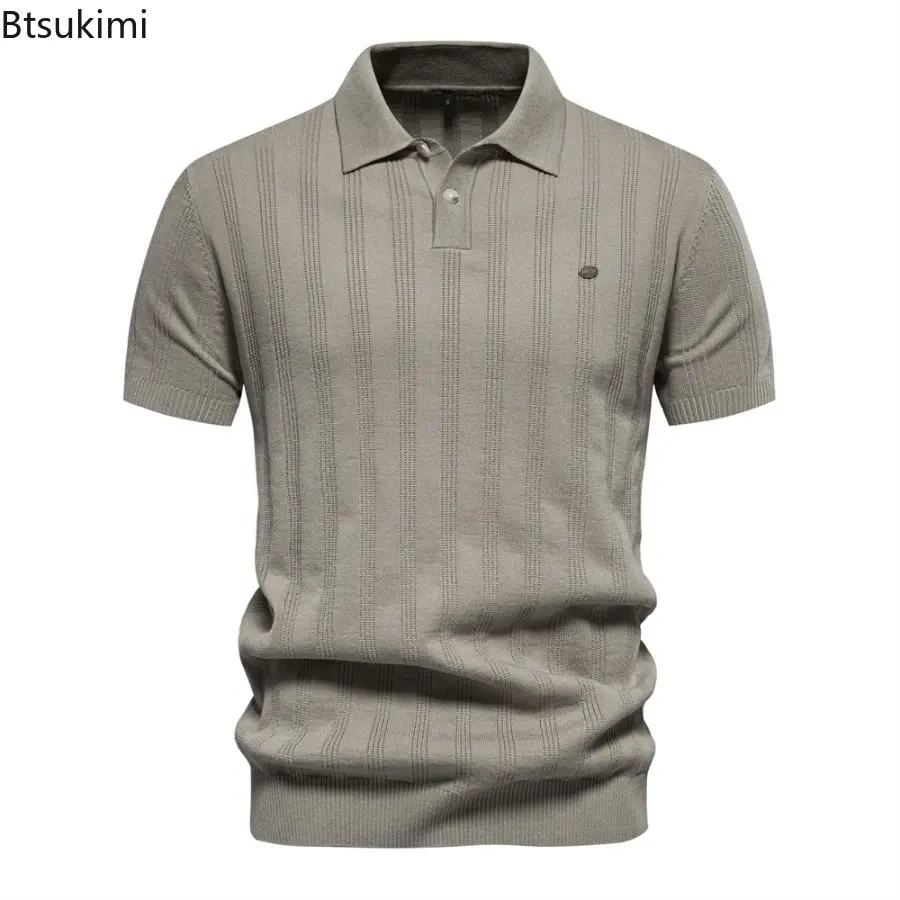 2025 New Men's Striped Knitted Polo Shirts Summer Breathable Short-sleeved Lapel Tops Men Business Casual Shirt Sweater T-shirts
