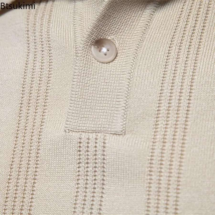 2025 New Men's Striped Knitted Polo Shirts Summer Breathable Short-sleeved Lapel Tops Men Business Casual Shirt Sweater T-shirts