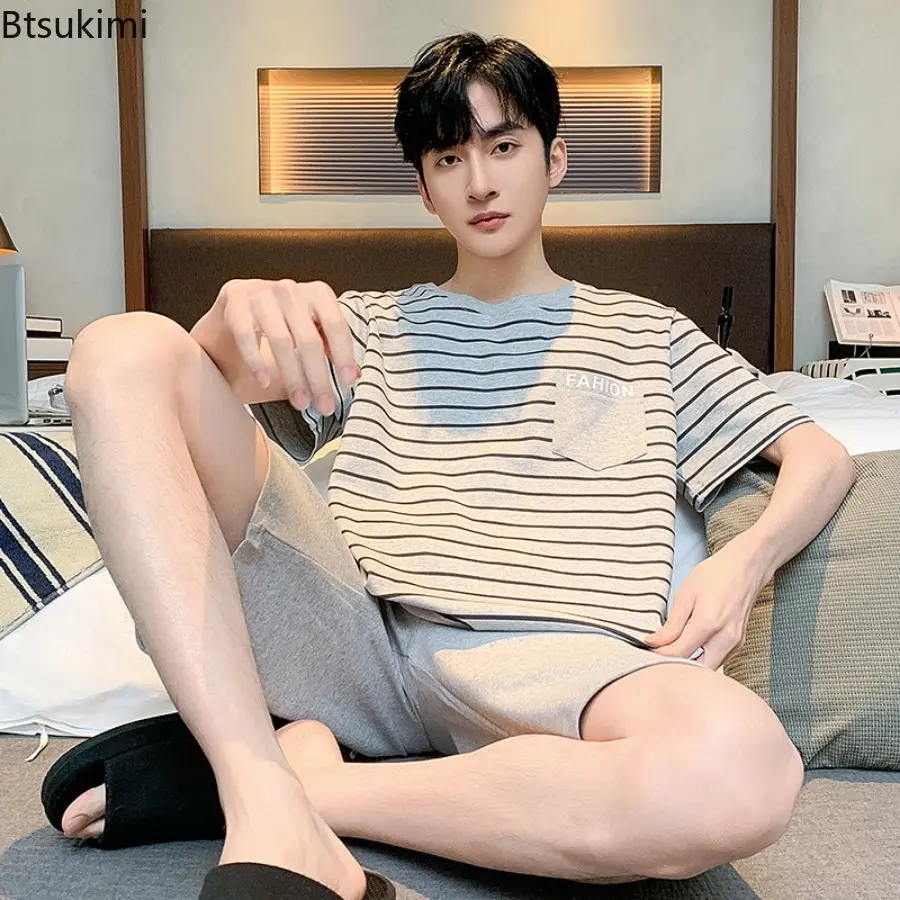 2025 Comfortable Cotton Pajamas Sets Men's Summer Simple Loose Homewear Two Pieces Short Sleeve Tops with Shorts Man Lounge Sets