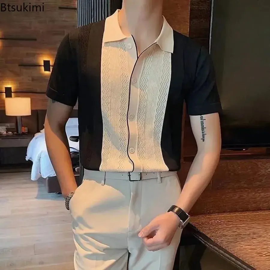 2025 Men's Summer Clothing Casual Short Sleeve Premium Patchwork Jacquard Knitted T-shirts Fashion Britain Style Men Polo Shirts