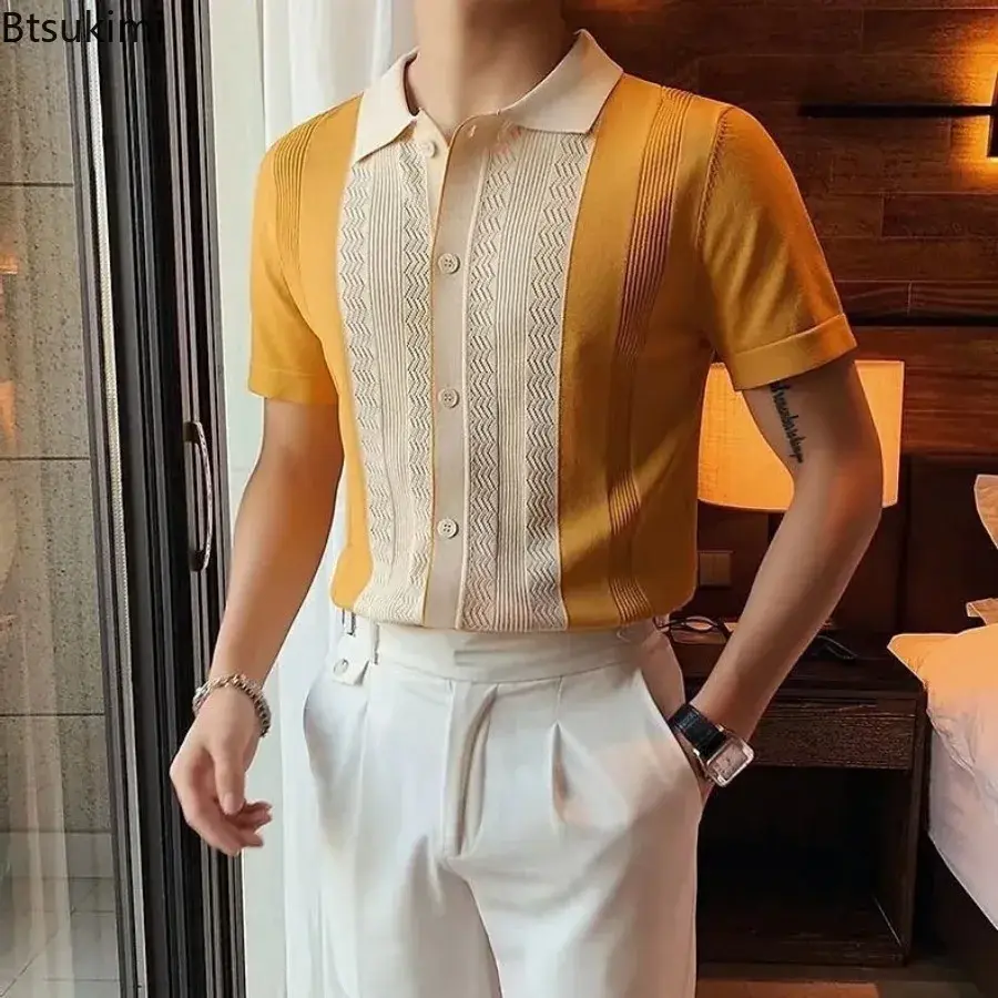 2025 Men's Summer Clothing Casual Short Sleeve Premium Patchwork Jacquard Knitted T-shirts Fashion Britain Style Men Polo Shirts