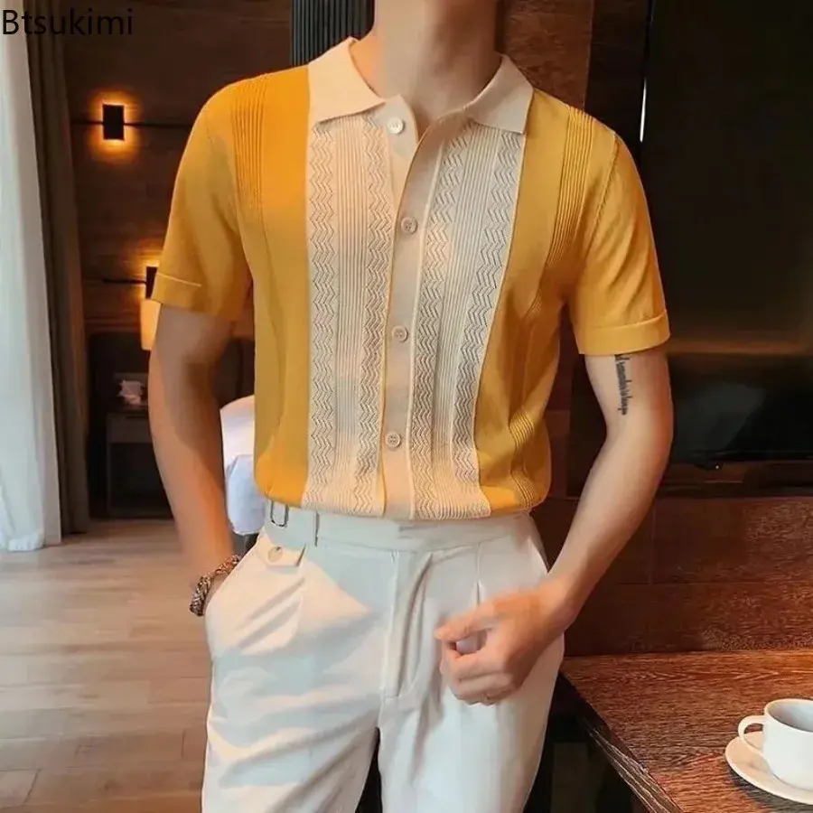 2025 Men's Summer Clothing Casual Short Sleeve Premium Patchwork Jacquard Knitted T-shirts Fashion Britain Style Men Polo Shirts