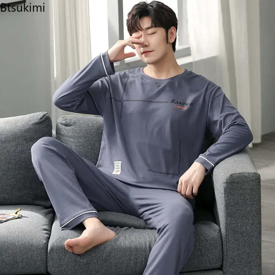 Large Size 4XL Men's Comfortable Cotton Pajamas Sets Fashion Plaid Printed Long Sleeve Pants Homewear Two-pieces Men Lounge Sets