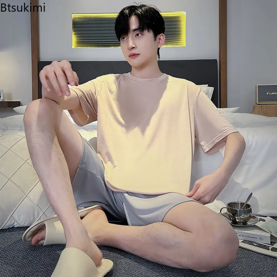 2025 Comfortable Cotton Pajamas Sets Men's Summer Simple Loose Homewear Two Pieces Short Sleeve Tops with Shorts Man Lounge Sets