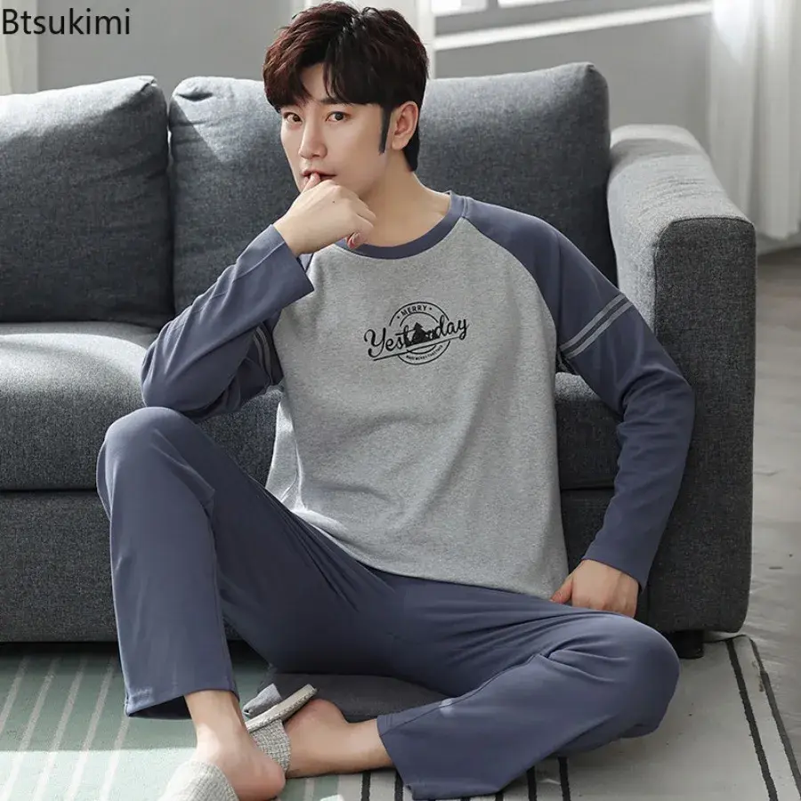 Large Size 4XL Men's Comfortable Cotton Pajamas Sets Fashion Plaid Printed Long Sleeve Pants Homewear Two-pieces Men Lounge Sets