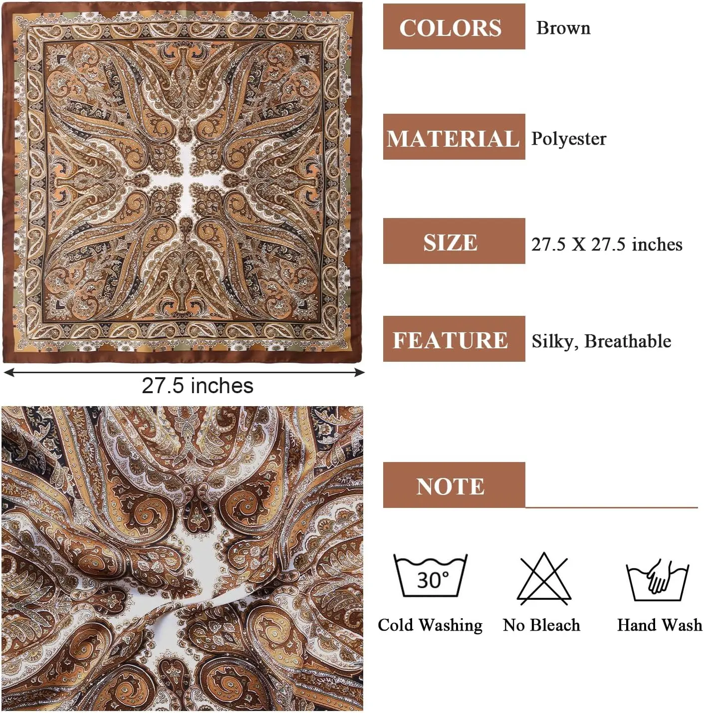 1 Pcs 27.5 Inches Satin Head Scarf Silk Like Hair Scarf Stain Bandana Hair Wrap Neck Scarf for Women(Brown)