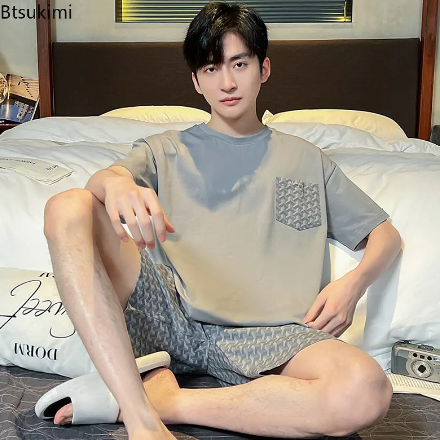 2025 Comfortable Cotton Pajamas Sets Men's Summer Simple Loose Homewear Two Pieces Short Sleeve Tops with Shorts Man Lounge Sets