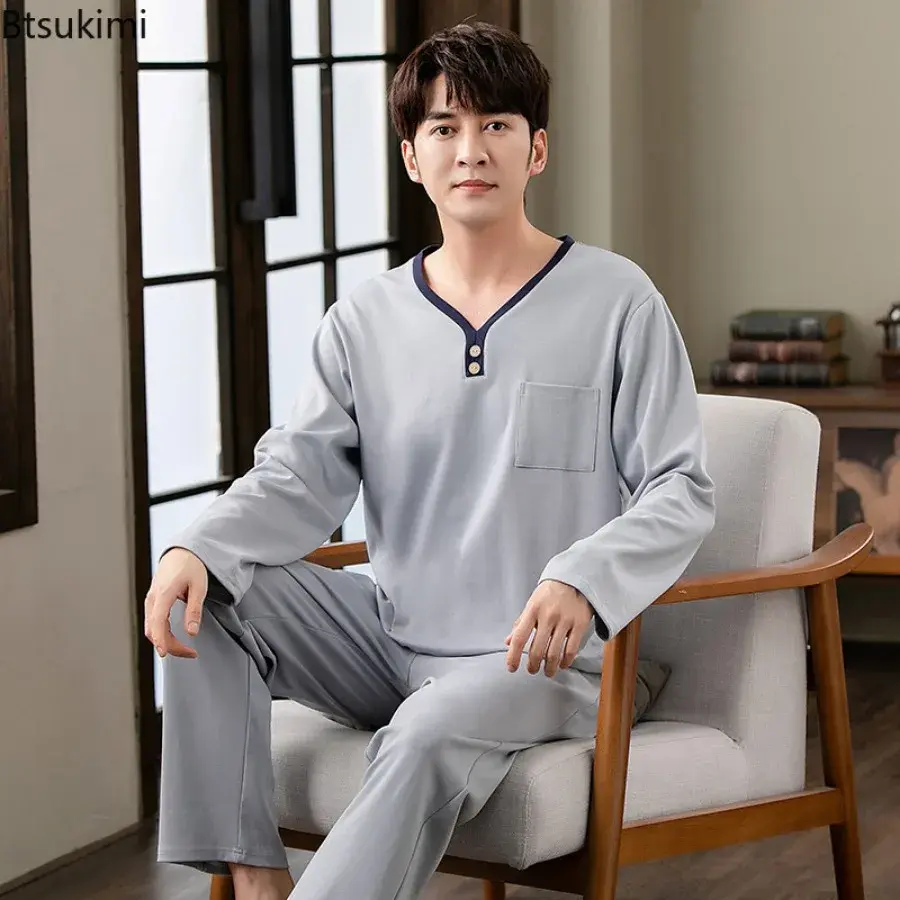 Large Size 4XL Men's Comfortable Cotton Pajamas Sets Fashion Plaid Printed Long Sleeve Pants Homewear Two-pieces Men Lounge Sets