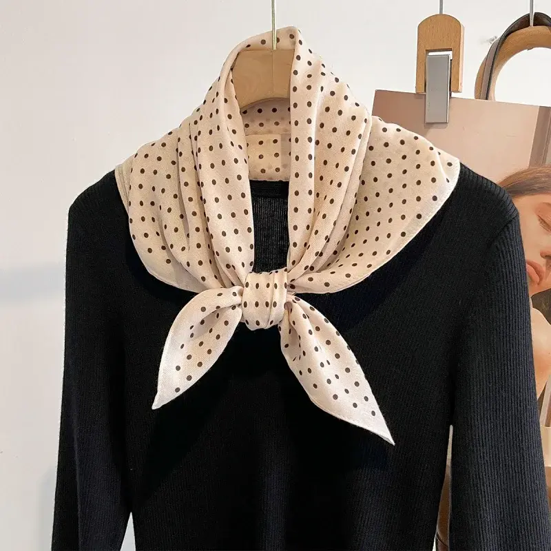 New Hot Sale White Polka Dot Silk Scarf Women's Square Scarf Advanced Elegant Soft Neck Protector Light Thin Scarf Student Scarf