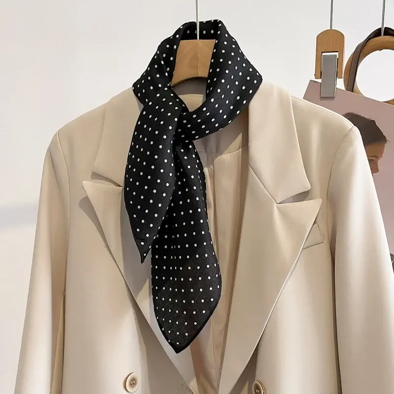 New Hot Sale White Polka Dot Silk Scarf Women's Square Scarf Advanced Elegant Soft Neck Protector Light Thin Scarf Student Scarf