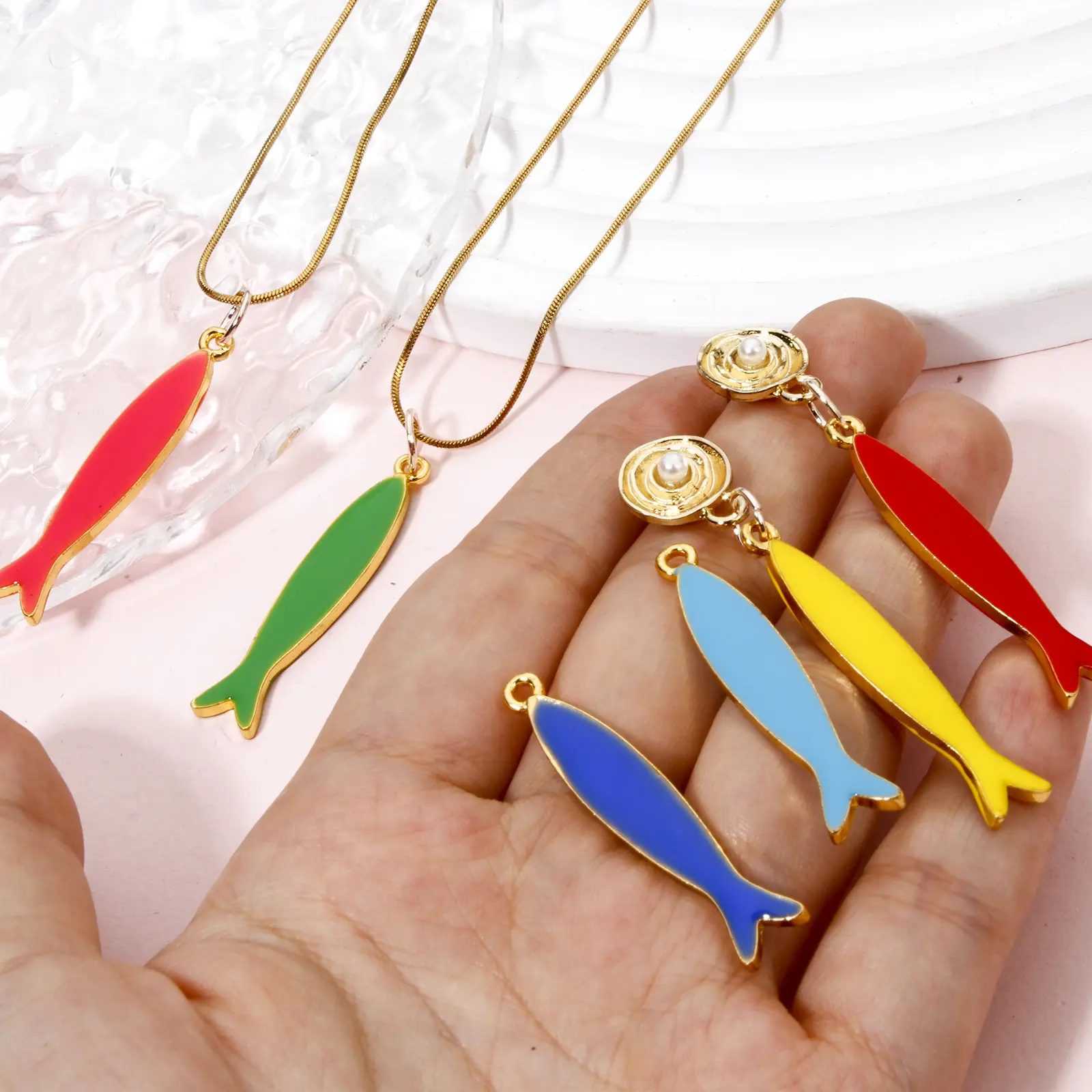 DoreenBeads 5 Piece Zinc Based Alloy Fish Enamelled Sequins Pendants Gold Color Enamel Charms For DIY Jewelry Making 3.8cmx0.8cm