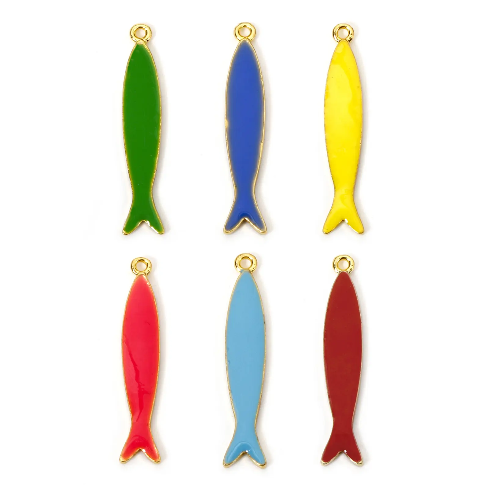 DoreenBeads 5 Piece Zinc Based Alloy Fish Enamelled Sequins Pendants Gold Color Enamel Charms For DIY Jewelry Making 3.8cmx0.8cm