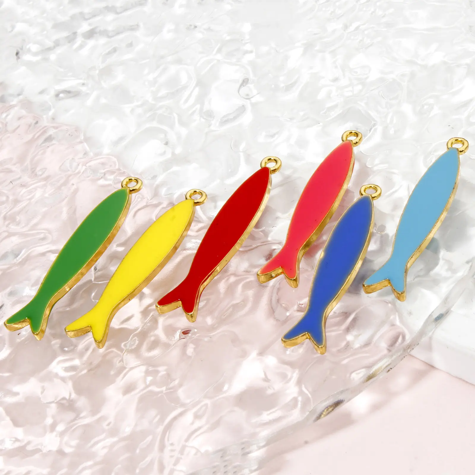 DoreenBeads 5 Piece Zinc Based Alloy Fish Enamelled Sequins Pendants Gold Color Enamel Charms For DIY Jewelry Making 3.8cmx0.8cm
