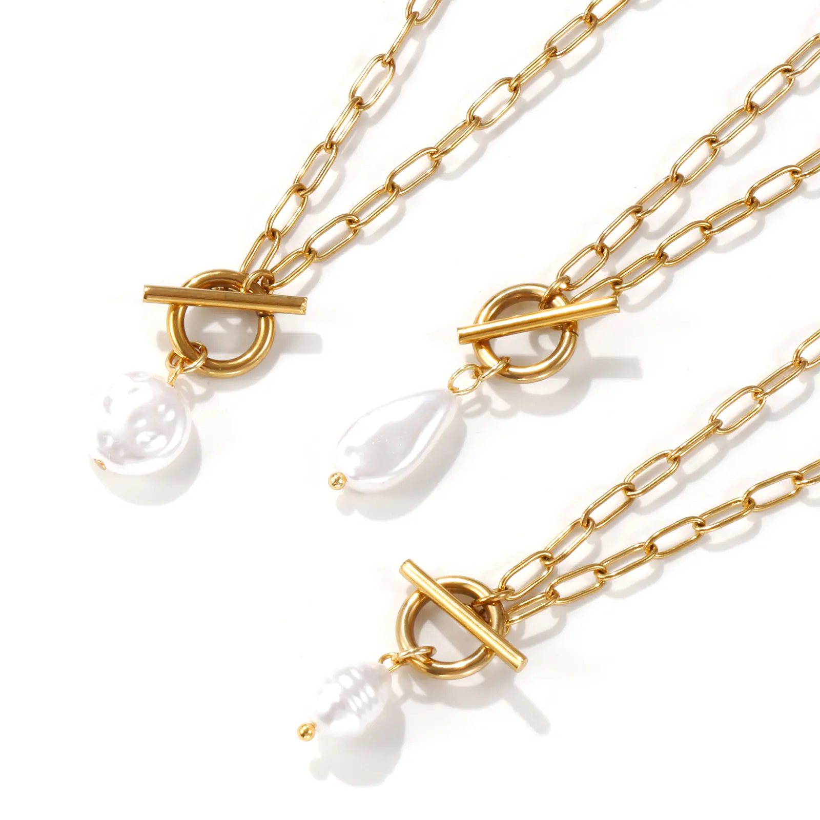304 Stainless Steel Necklace 18K Gold Plated Paperclip Link Chain Pendant Charm For Women White Acrylic Imitation Pearl 45cm