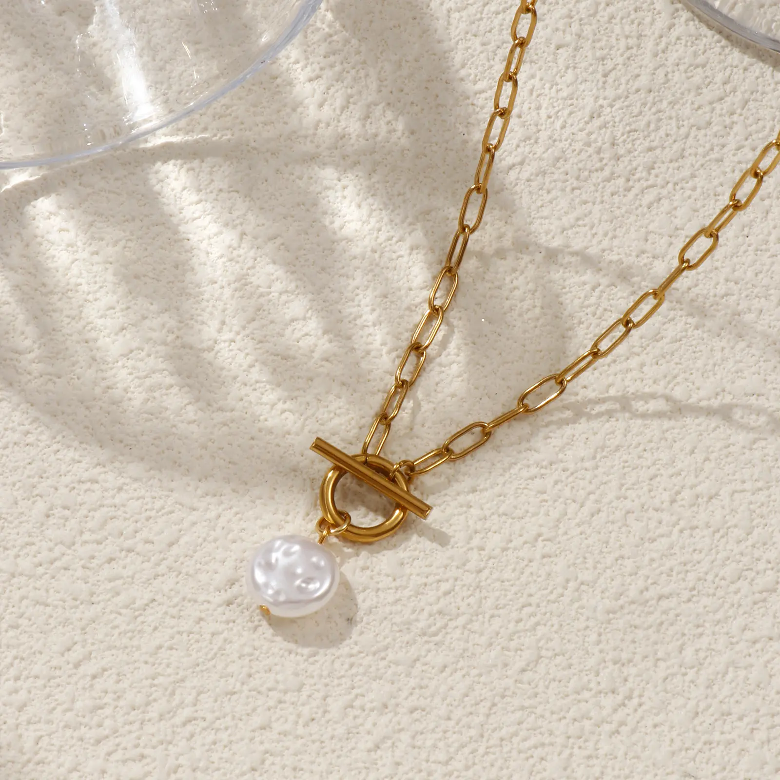 304 Stainless Steel Necklace 18K Gold Plated Paperclip Link Chain Pendant Charm For Women White Acrylic Imitation Pearl 45cm